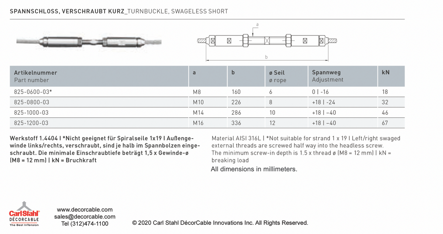Carl Stahl I-SYS stainless steel Carl Stahl Turnbuckle, Swagless short M10