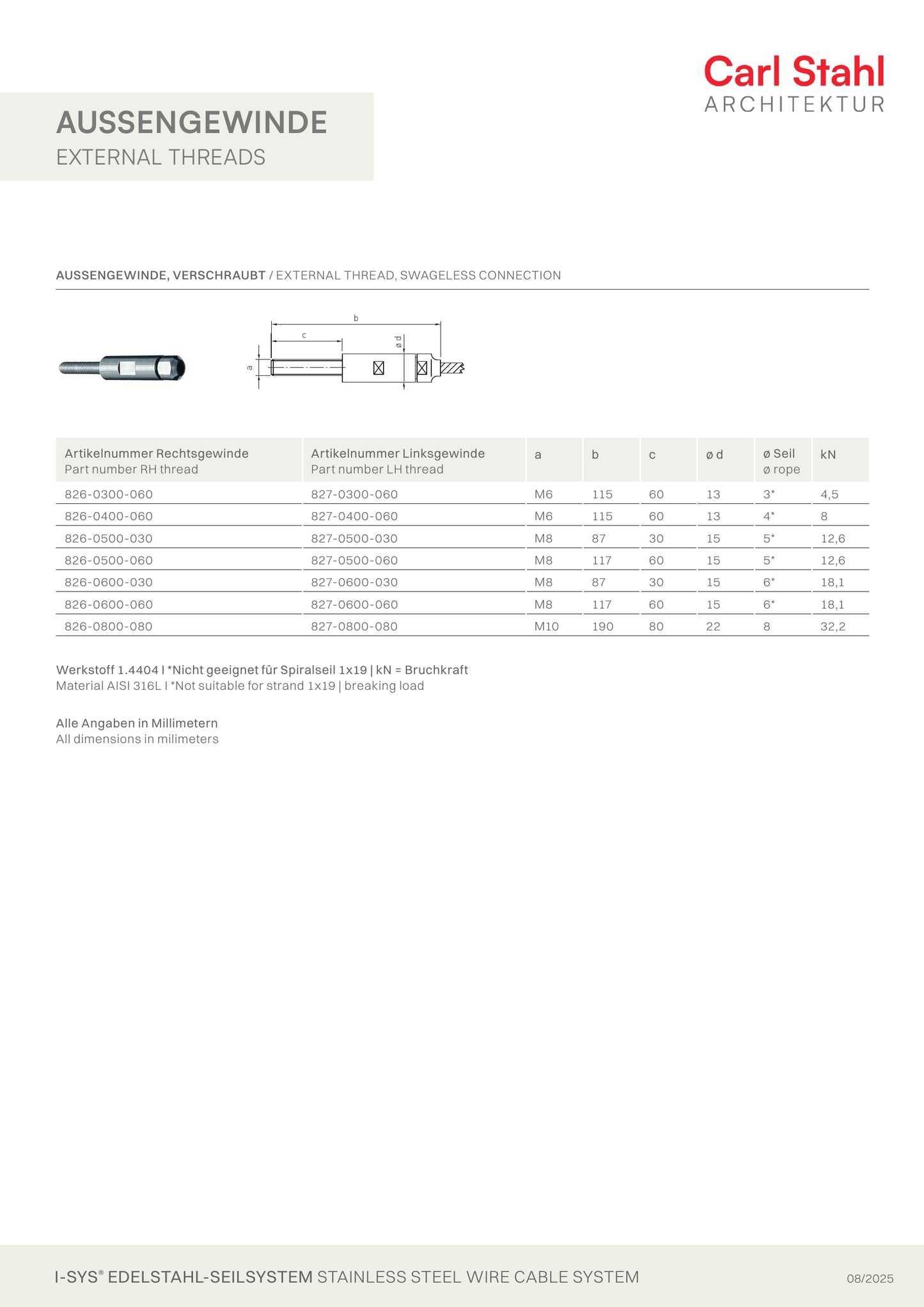Carl Stahl I-SYS stainless steel Carl Stahl External thread, swageless, Right thread M8x30