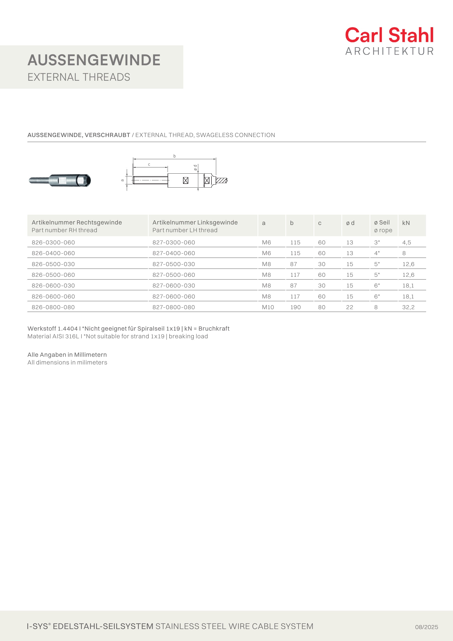 Carl Stahl I-SYS stainless steel Carl Stahl External thread, swageless, Right thread M8x30
