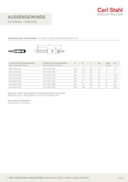 Carl Stahl I-SYS stainless steel Carl Stahl External thread, swageless, Right thread M8x30