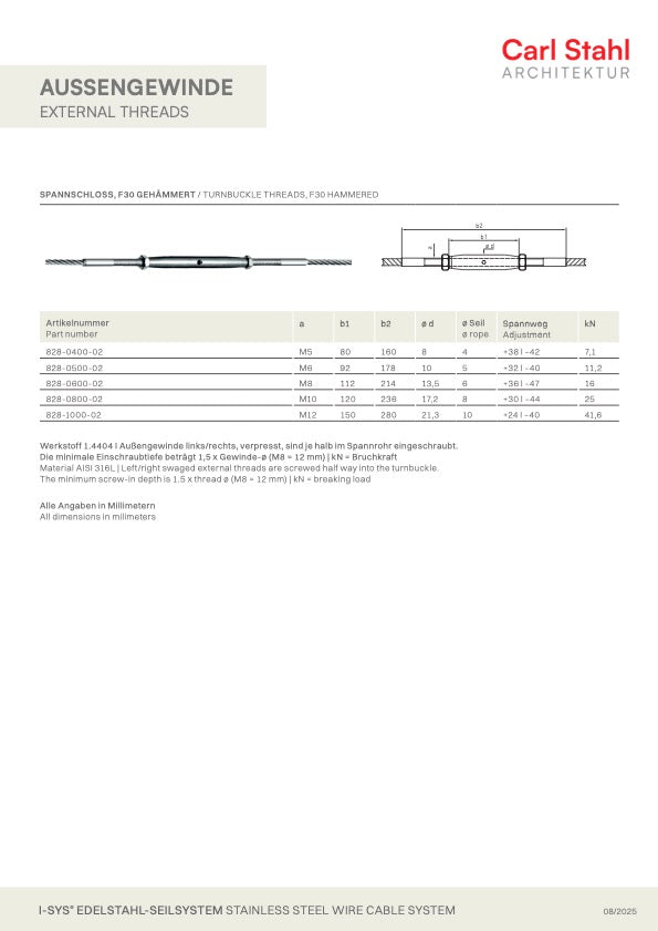 Carl Stahl I-SYS stainless steel Carl Stahl Turnbuckle threads, F30, hammered, RH thread M8