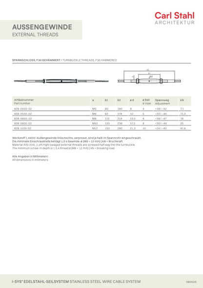 Carl Stahl I-SYS stainless steel Carl Stahl Turnbuckle threads, F30, hammered, RH thread M8