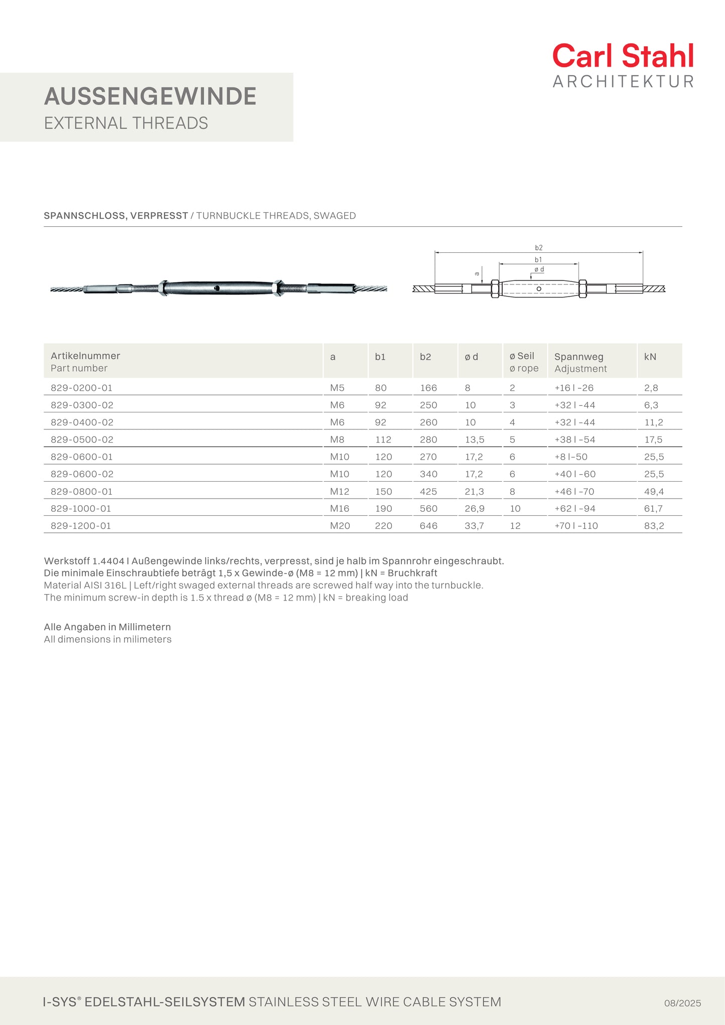 Carl Stahl I-SYS stainless steel Carl Stahl Turnbuckle threads, swaged, RH thread M6