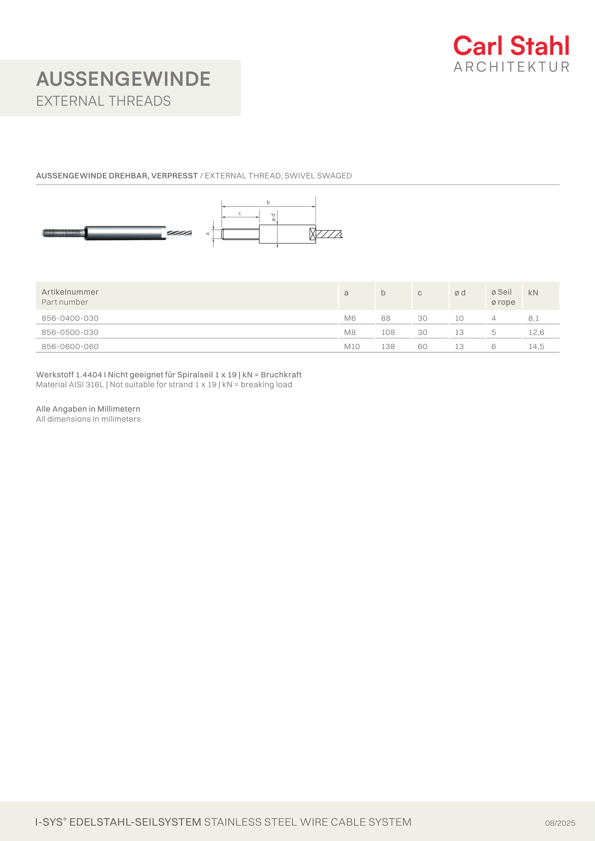 Carl Stahl I-SYS stainless steel Carl Stahl External thread, swivel swaged, RH thread M10x60