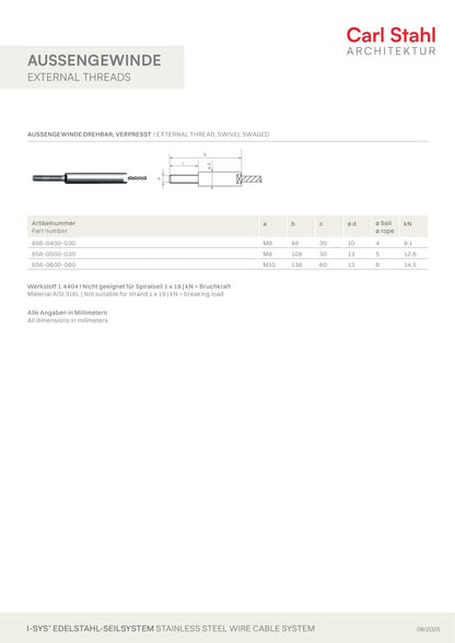Carl Stahl I-SYS stainless steel Carl Stahl External thread, swivel swaged, RH thread M10x60