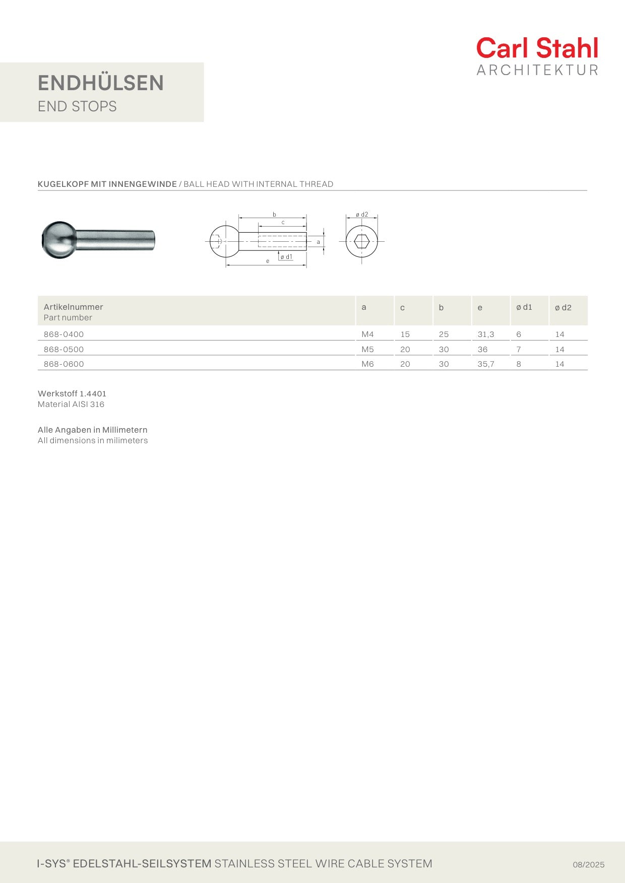 Carl Stahl Ball head with internal thread M4 868