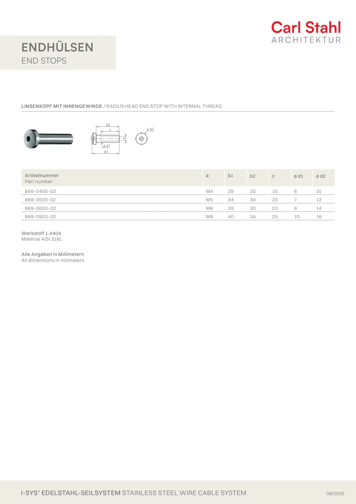 Carl Stahl Radius head with internal thread 869