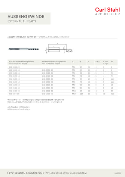Carl Stahl I-SYS stainless steel Carl Stahl External thread F30 hammered, RH thread M5x30