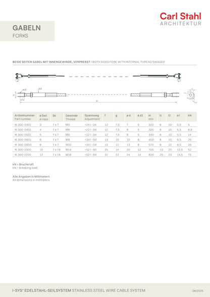 Carl Stahl I-SYS Stainless steel rope with both sides fork IK300