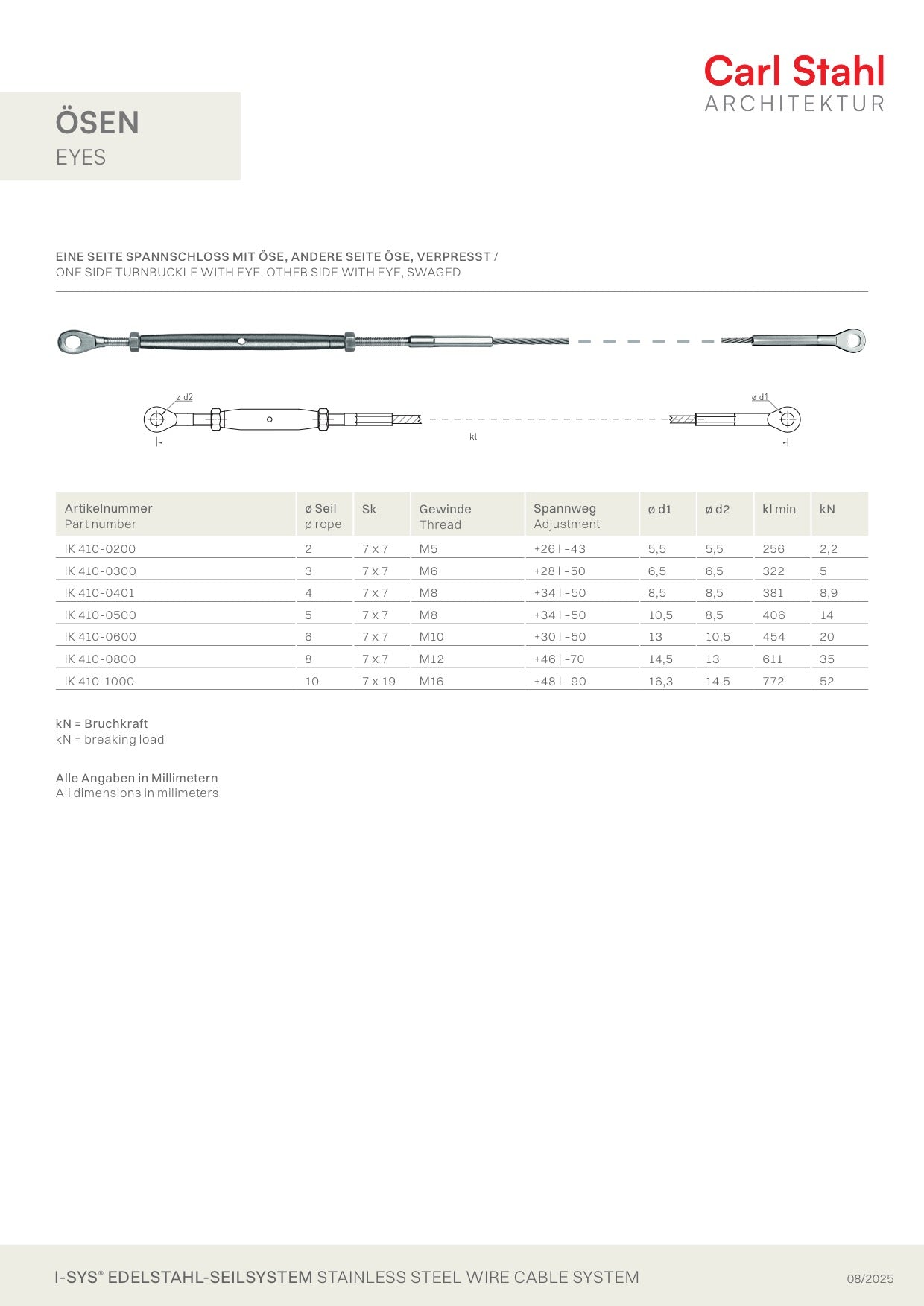 Carl Stahl I-SYS Stainless steel wire rope with one side turnbuckle IK410