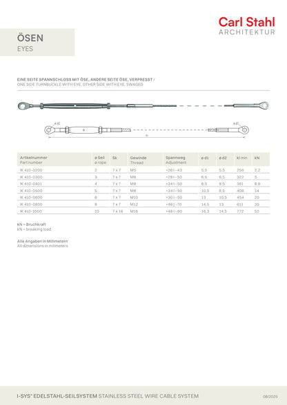 Carl Stahl I-SYS Stainless steel wire rope with one side turnbuckle IK410